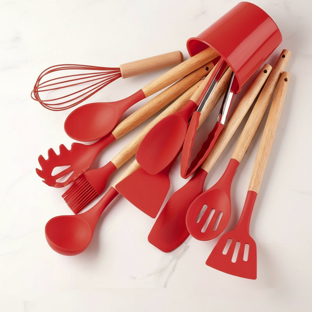 Kitchen Utensil Set Silicone Wooden Handles Heat Resistant