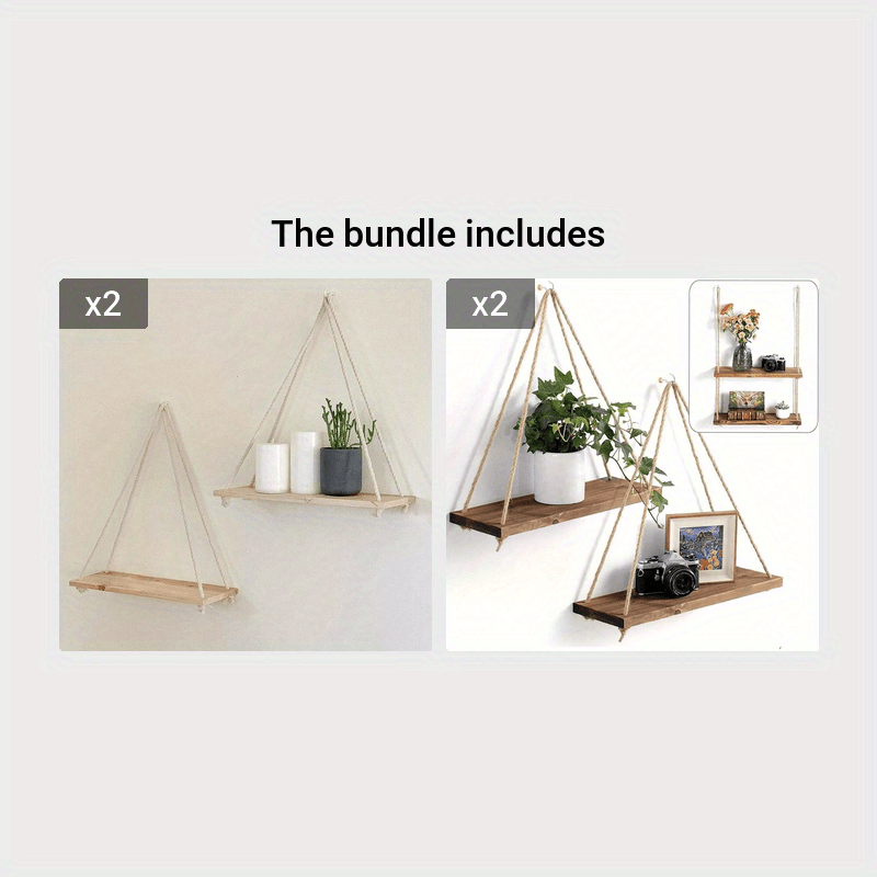 DecoShelf - Houten Zwevende Plank met Verstelbaar Hennep Touw - Voor Planten en Decoratie