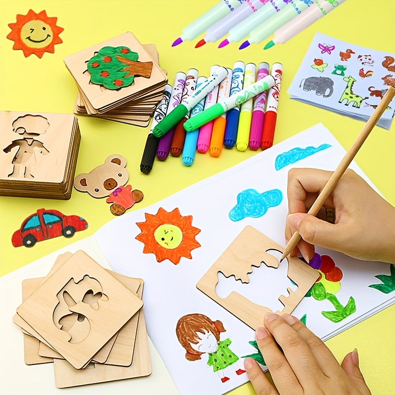 Set de Juguetes de Dibujo Montessori de 20 Piezas - Plantillas de Pintura de Madera DIY Juguete Educativo para Aprender