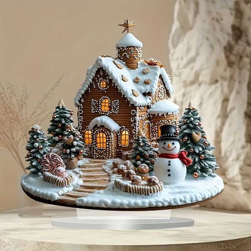 DecoGember - Acryl Gemberhuis met Sneeuwman, Moderne Kerst Tafeldecoratie