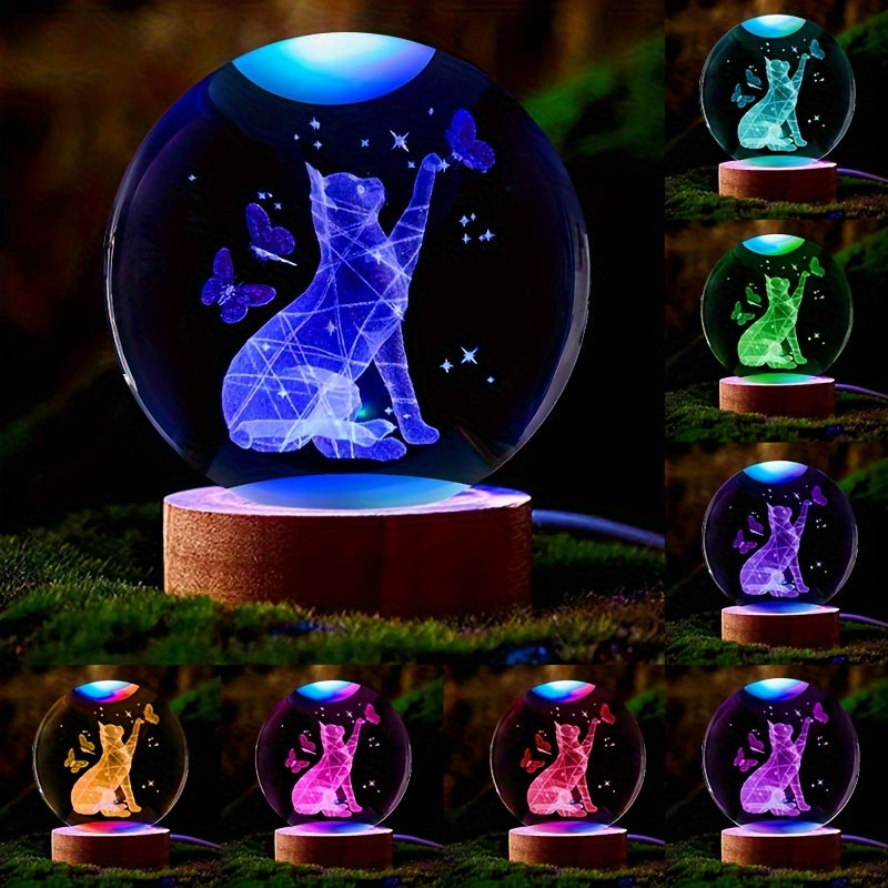 CrystalGlow - 3D Kat & Vlinder Kristallen Bol Nachtlamp met Houten Voet