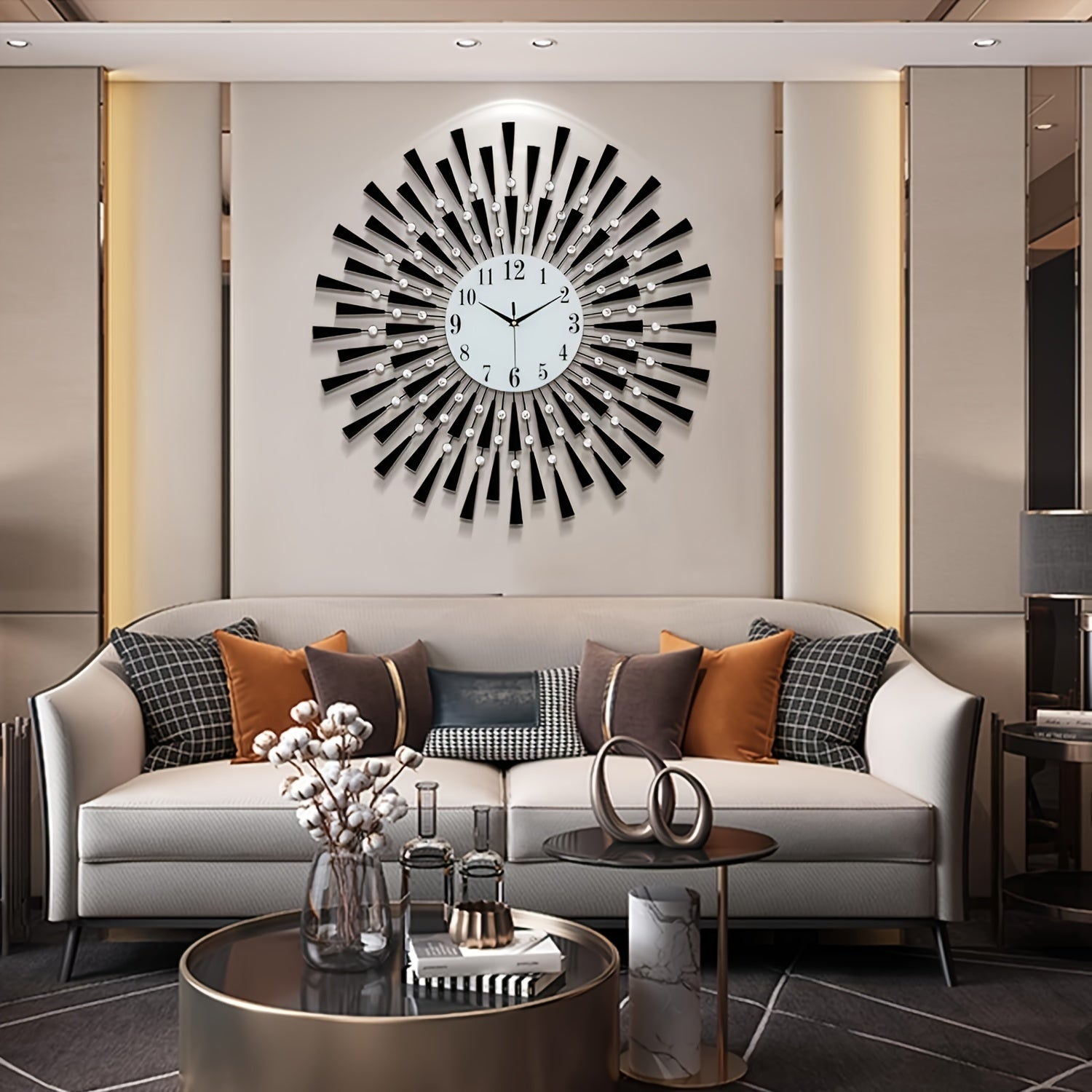 Reloj de Pared Metálico Negro Silencioso con Esfera de Cristal - Funciona con Pilas para Salón, Dormitorio, Oficina