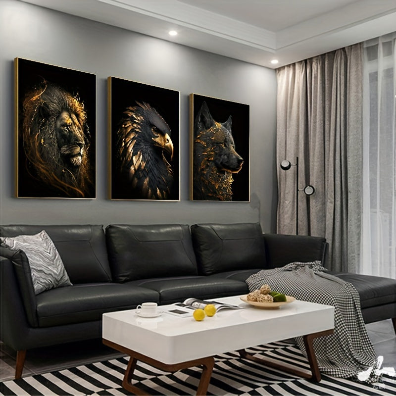 3 piezas póster en lienzo sin marco - Arte moderno, pinturas abstractas del León Dorado y Águila, regalo ideal para dormitorio, sala de estar, pasillo, decoración de pared, decoración de invierno, decoración de habitación