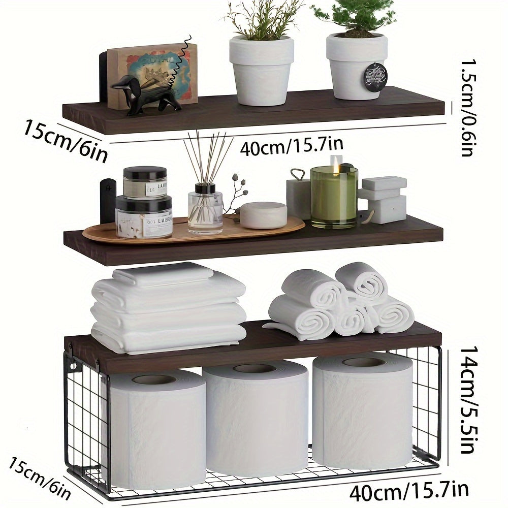 RusticWood - Houten Zwevende Wandplank Set met Opslagmand