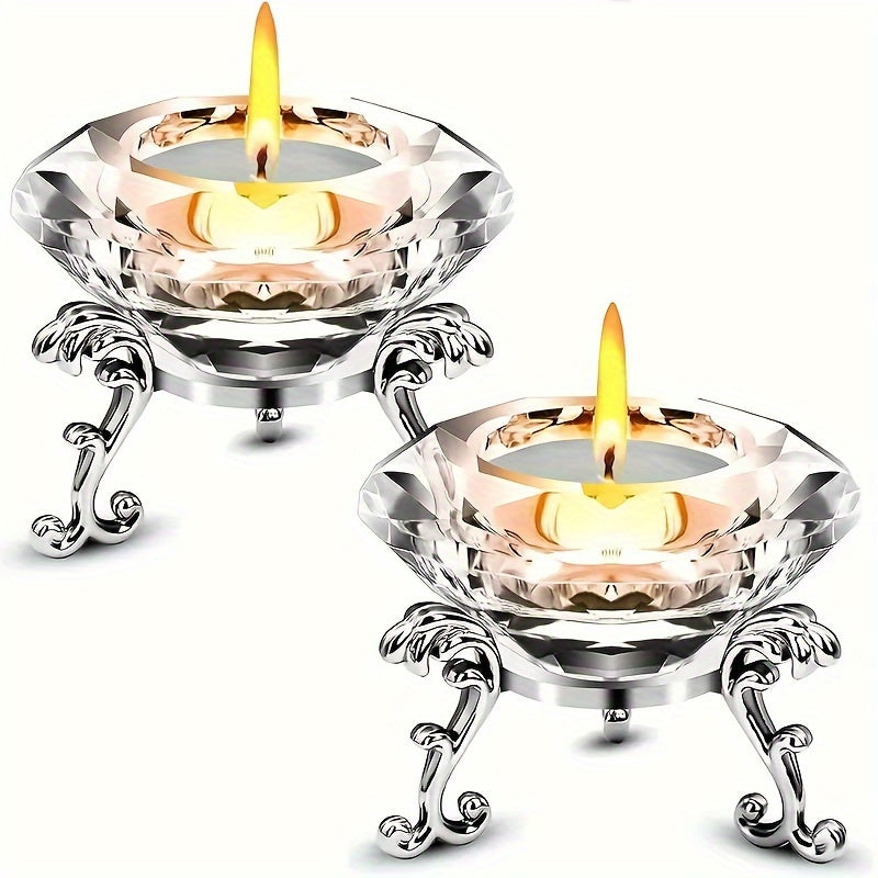 Juego de 2 candelabros de cristal transparentes - estilo europeo, candelabro romántico de diamante con base triangular de metal