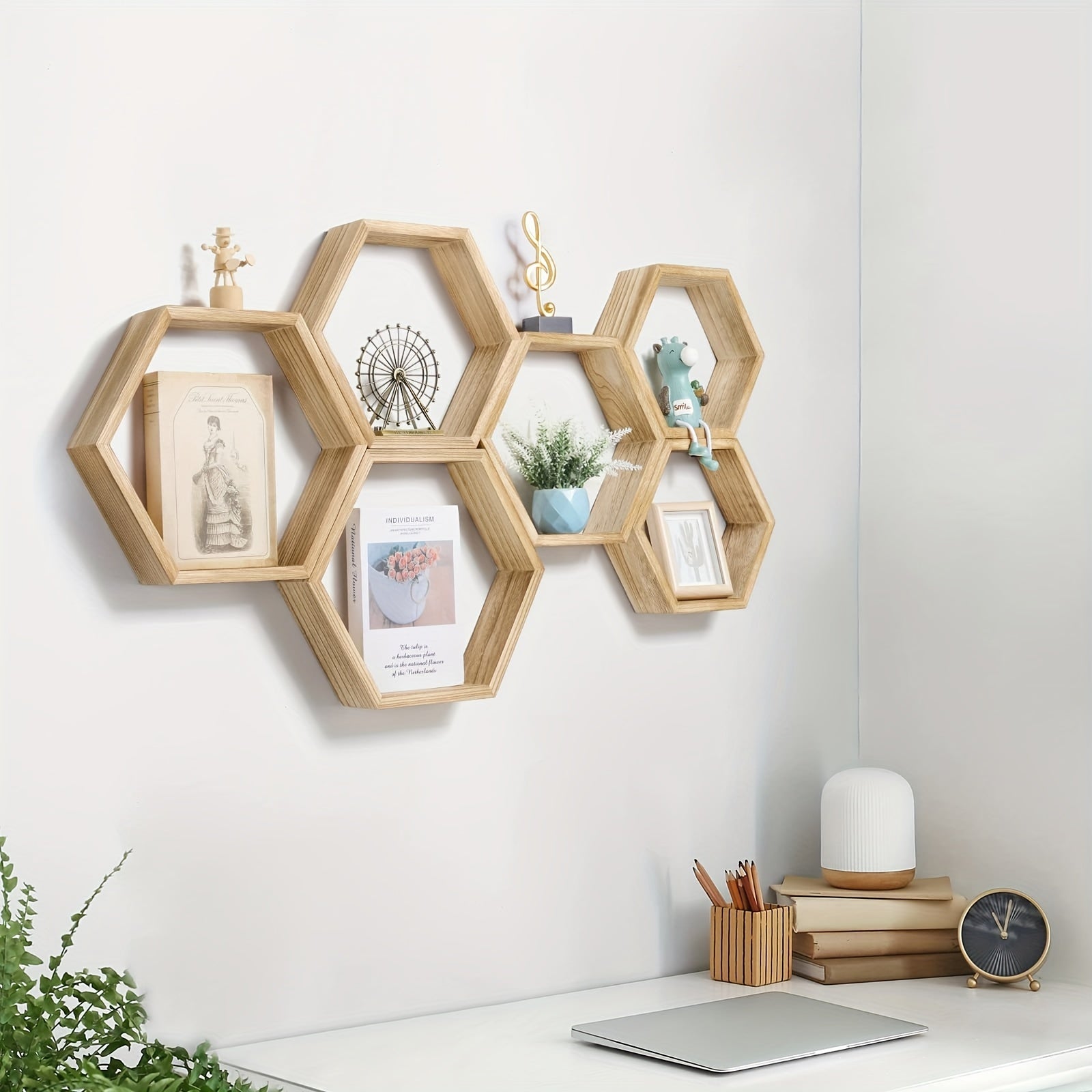 HexaWood - 3 Stuks Houten Zeshoekige Zwevende Wandplanken voor Keuken, Woonkamer & Slaapkamer