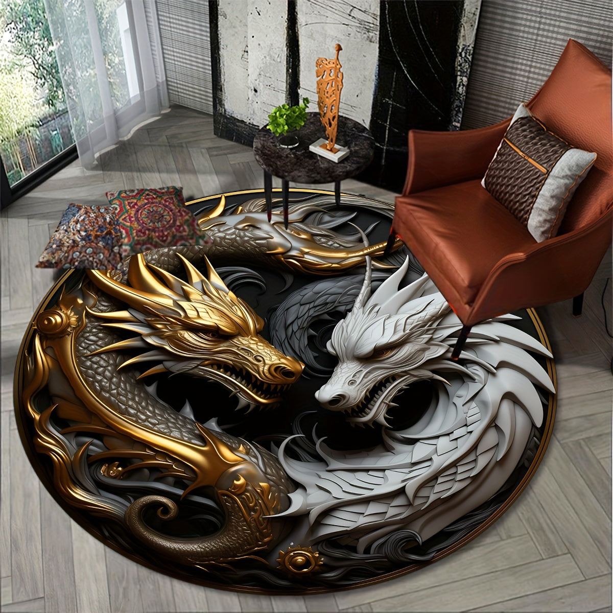 1pc Elemento Dragón Alfombra - Alfombrilla Antideslizante para Salón, Alfombra Redonda Decorativa