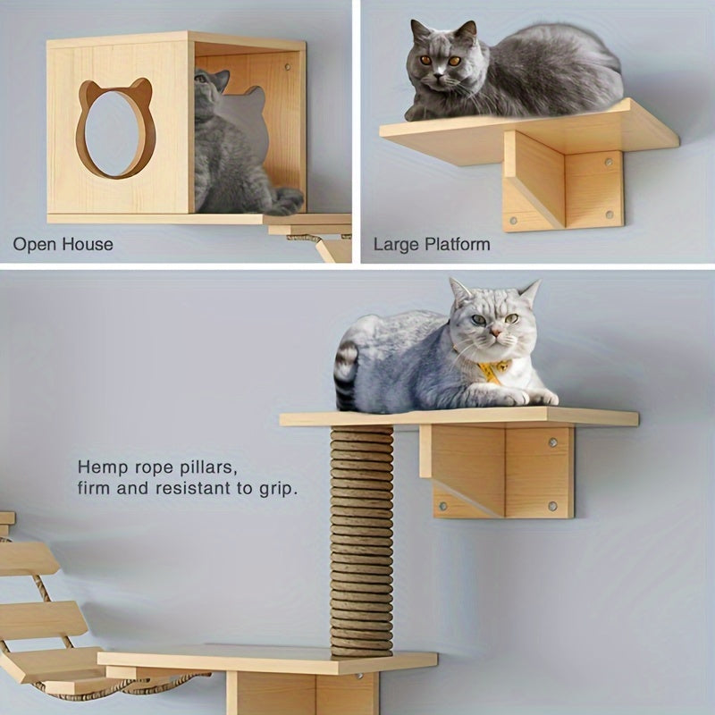 CatPlay - Massief Houten Kattenwandmeubilair voor Binnen, Inclusief Krabpaal en Speelklimboom