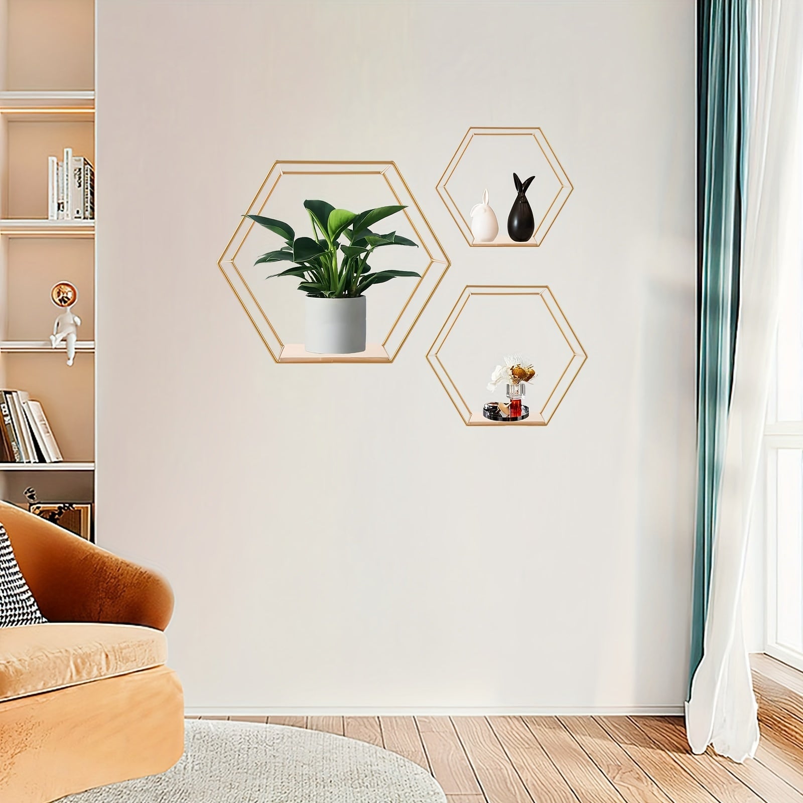 HexaDisplay - Set van 3 Vintage Zeshoekige Zwevende Planken met Massief Houten Basis