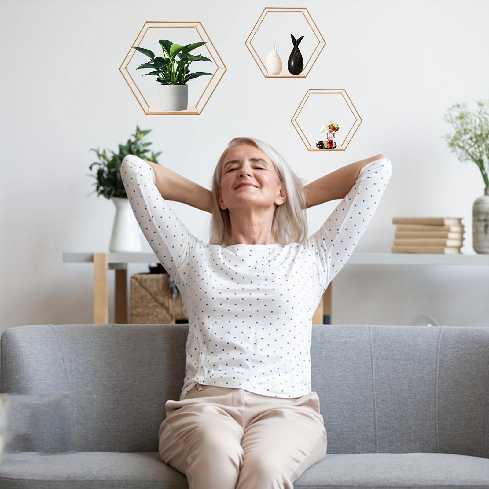 HexaDisplay - Set van 3 Vintage Zeshoekige Zwevende Planken met Massief Houten Basis