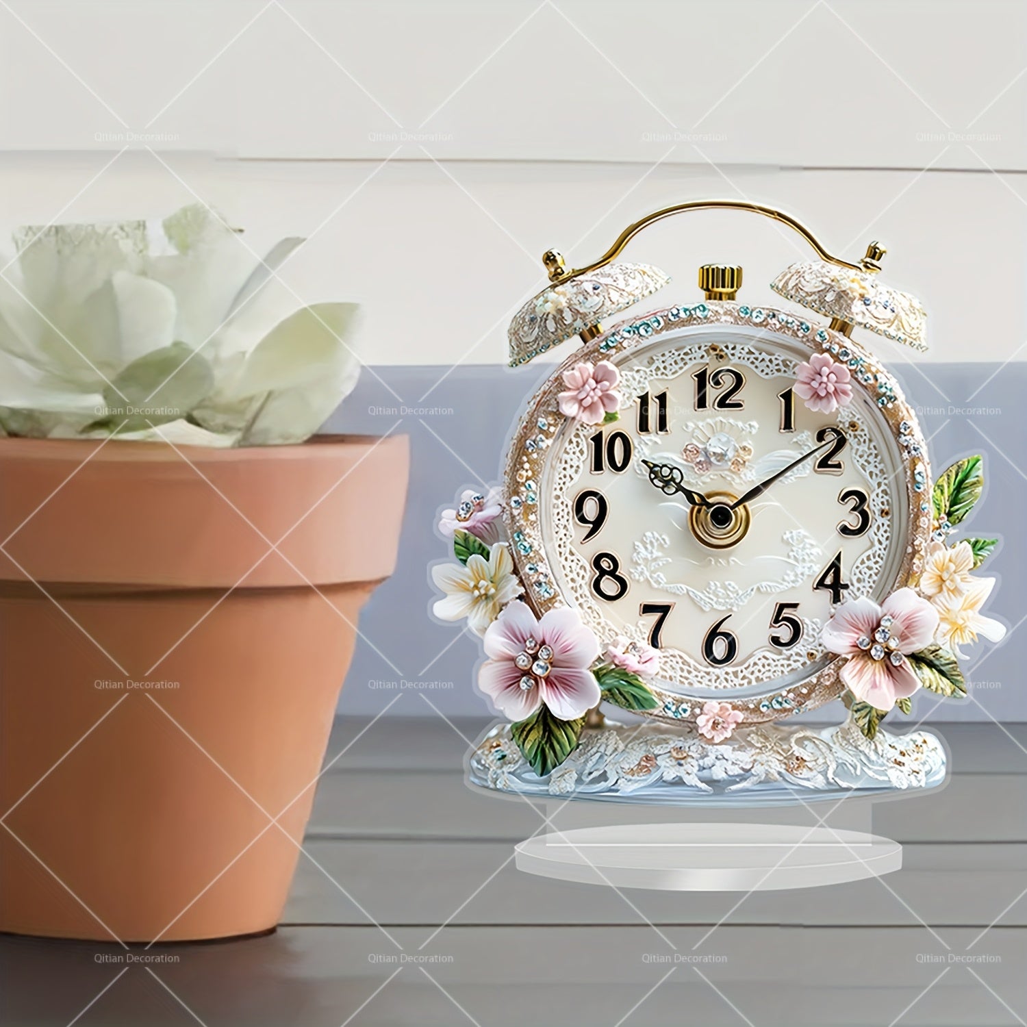 GlamTime - Luxe Acryl Bloemen Wekker met Edelsteenaccenten