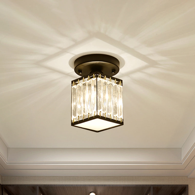 Crystal Foyer Ceiling Lamp - Modern Black/Gold Semi-Flush Design
