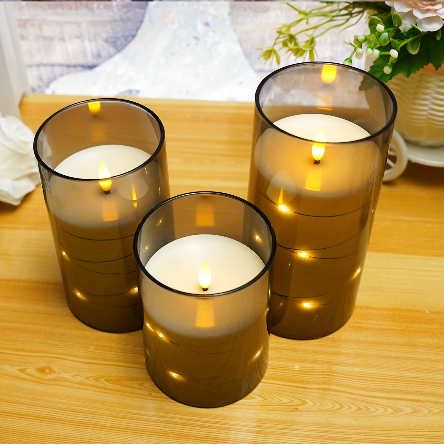 Candele LED senza fiamma con ghirlanda luminosa a forma di stella – Confezione da 3 grigie (D3*H10,16cm12,7cm15,24cm) Include telecomando e timer