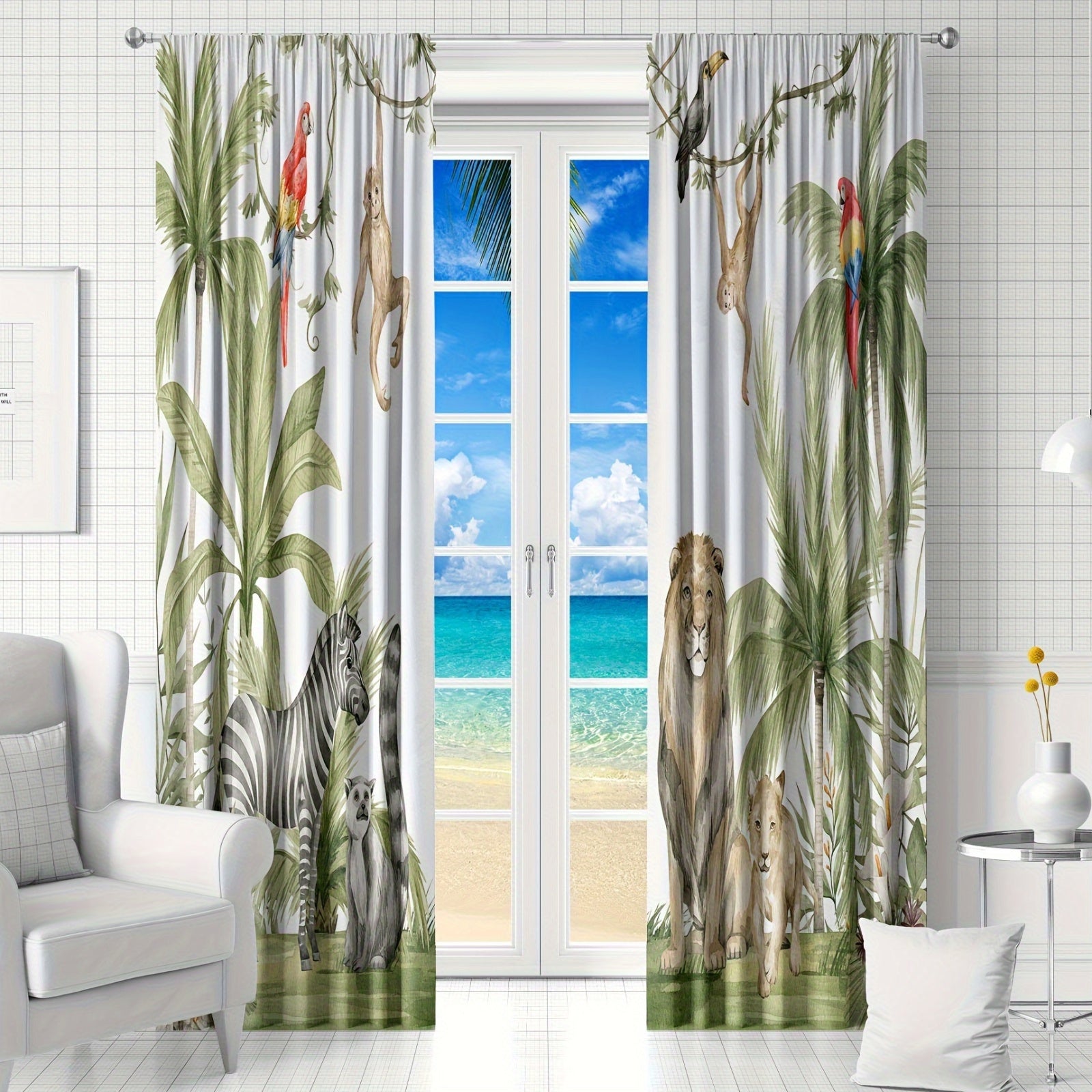 Tende Safari nella Giungla Classiche - 2 Pezzi in Satin Poliestere Traslucido con Stampa Animali per Camera da Letto