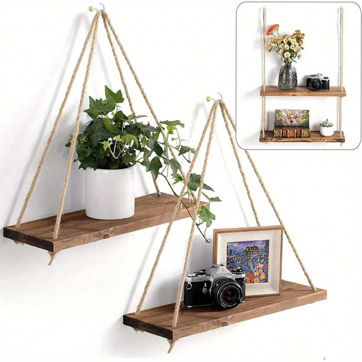 DecoShelf - Houten Zwevende Plank met Verstelbaar Hennep Touw - Voor Planten en Decoratie