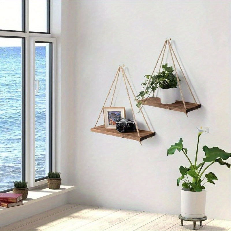 DecoShelf - Houten Zwevende Plank met Verstelbaar Hennep Touw - Voor Planten en Decoratie
