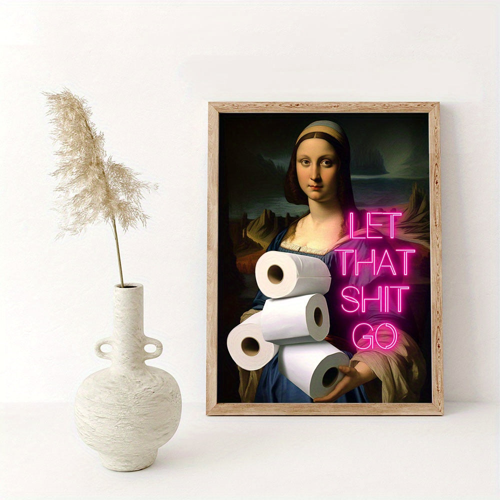 Lienzo original 'Chica con papel higiénico' - Decoración vintage humorística para baño, perfecto para sala de estar y dormitorio, sin marco 30x40 cm