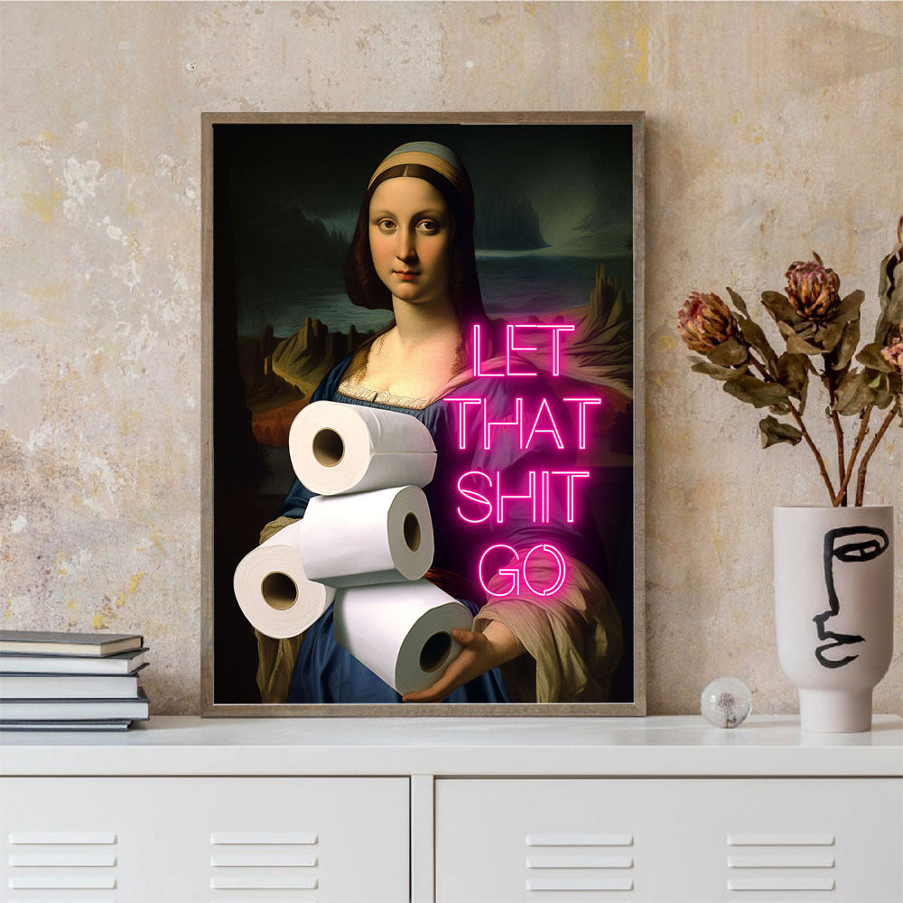 Lienzo original 'Chica con papel higiénico' - Decoración vintage humorística para baño, perfecto para sala de estar y dormitorio, sin marco 30x40 cm