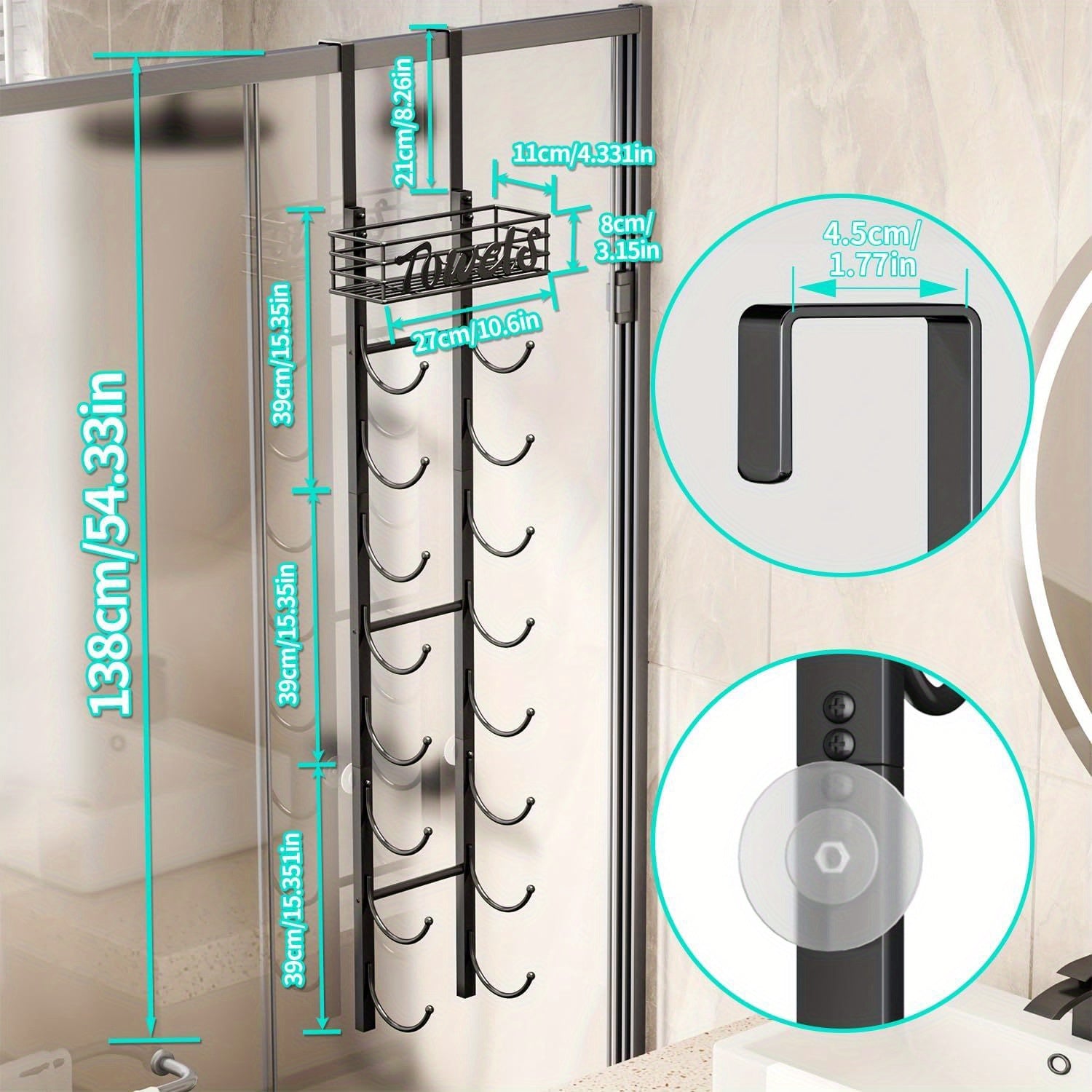 SpaceSaver - Zwart Metalen Handdoekenrek voor Deur met Plank voor Badkamer