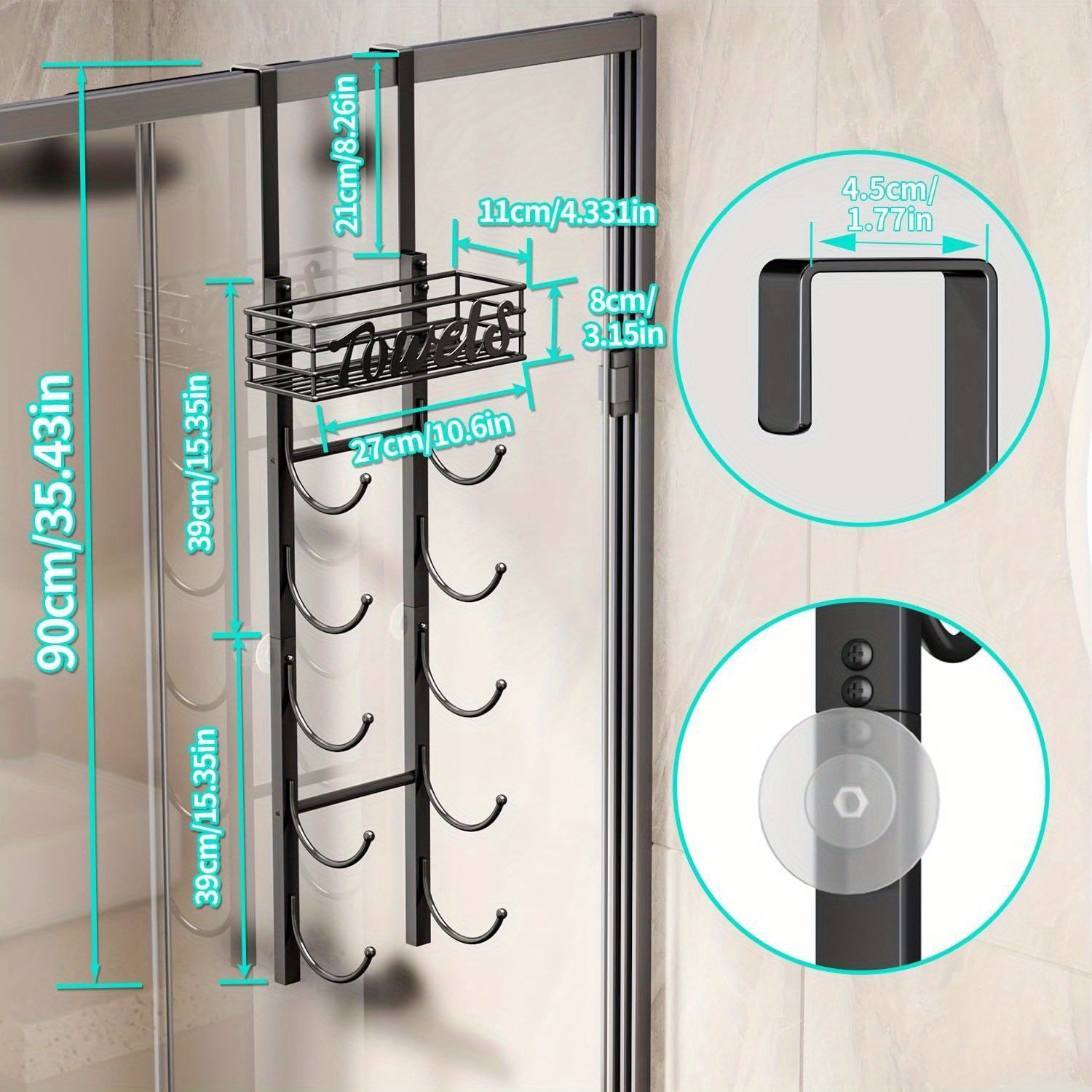 SpaceSaver - Zwart Metalen Handdoekenrek voor Deur met Plank voor Badkamer