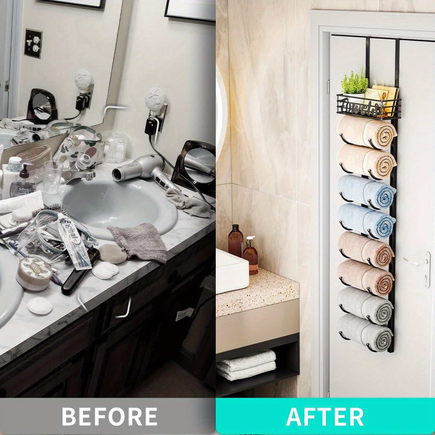 SpaceSaver - Zwart Metalen Handdoekenrek voor Deur met Plank voor Badkamer