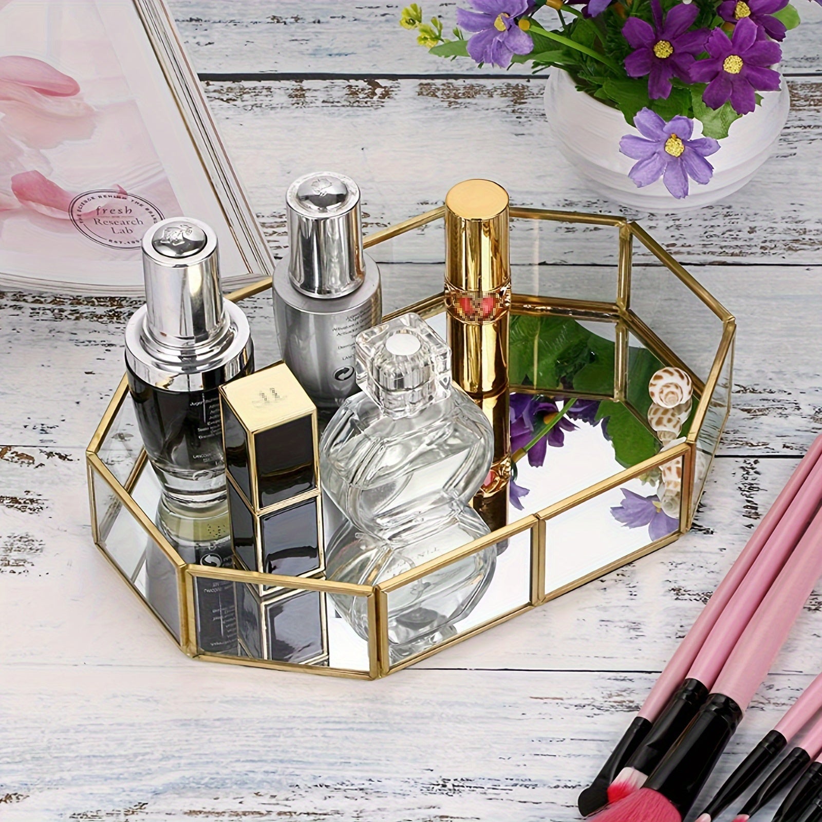 OctaGlass - Vetro Specchio Ottagonale Vintage Vassoio per Trucco