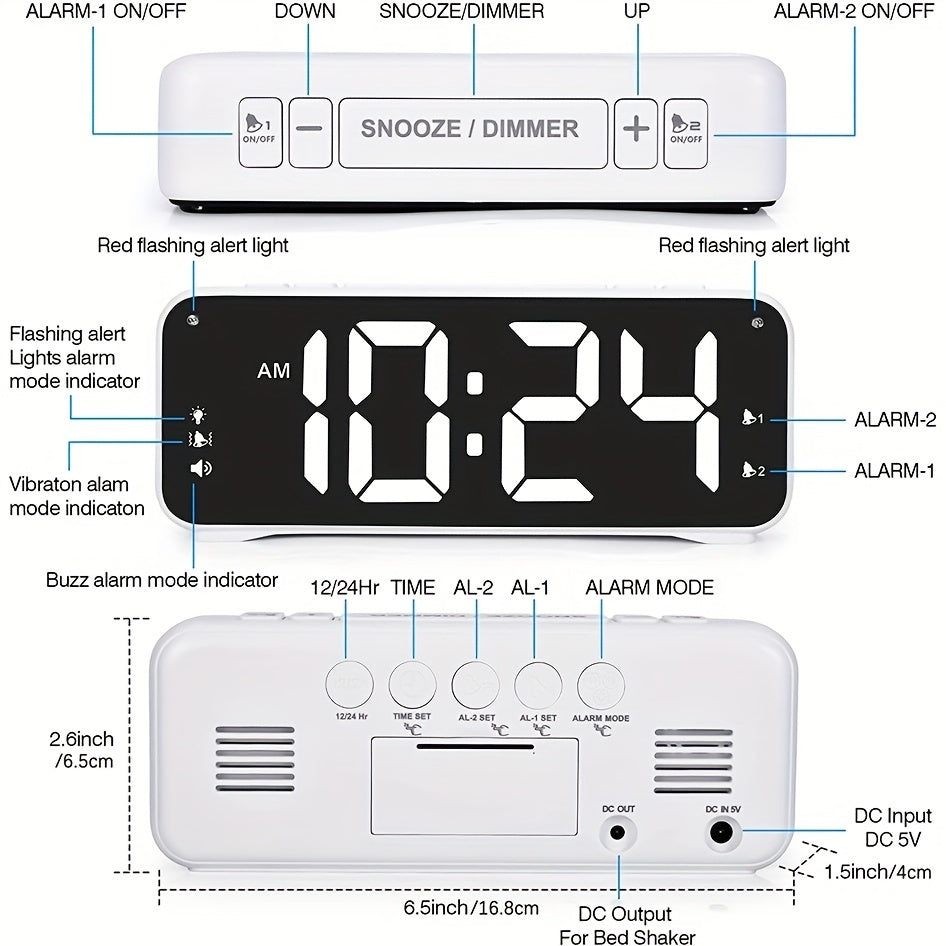 LoudClock - Vibrerende Wekker met Groot LED-display en Dubbele Alarmen