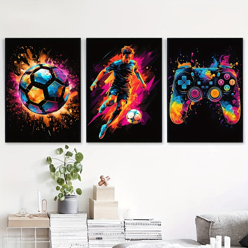 3-delige Canvas Poster Set - Modern Art, Abstract Voetbal Poster, Decoratieve Game Controller Kleurensplash, Wanddecoratie zonder Lijst