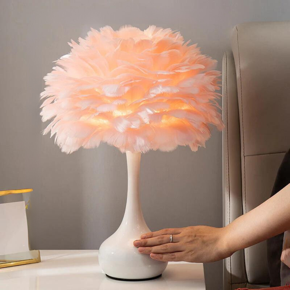 Pink Vase Table Lamp - Modern Bedroom Light with Feather Decoration