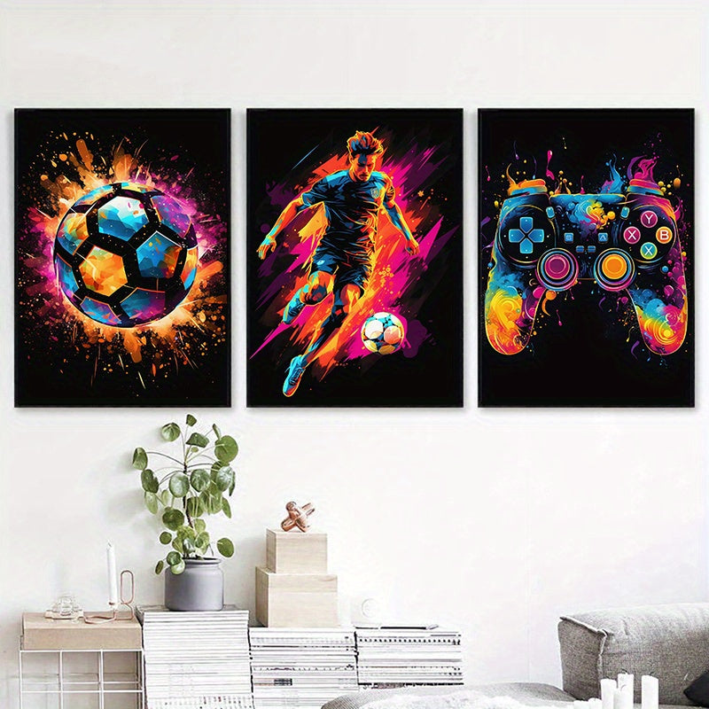 3-delige Canvas Poster Set - Modern Art, Abstract Voetbal Poster, Decoratieve Game Controller Kleurensplash, Wanddecoratie zonder Lijst