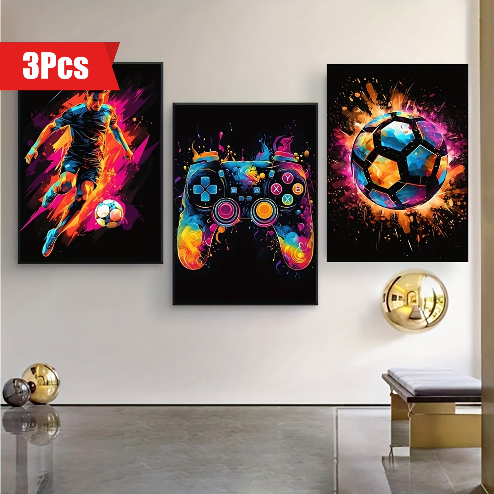 Set de 3 pósters en lienzo - Arte moderno, póster abstracto de fútbol, controlador de juego decorativo con salpicadura de colores, decoración de pared sin marco