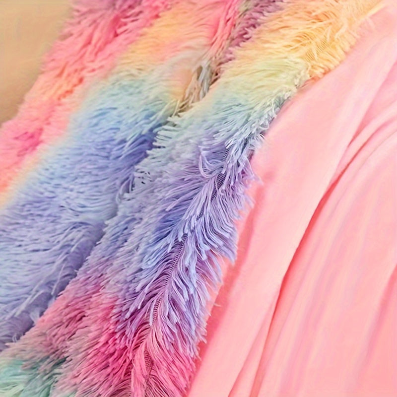 Kleurrijke Regenboog Faux Fur Deken - Gezellige Pluche Koraalfleece, Dikke Warme Winter Sofa Deken, Hedendaags Stijl