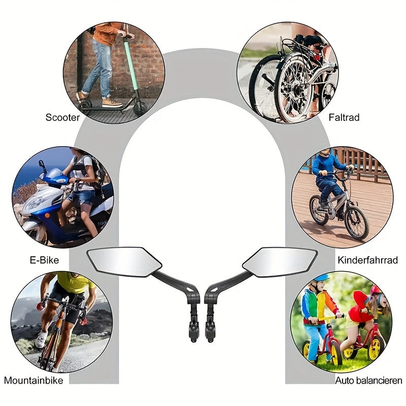 Juego de 2 espejos para bicicleta giratorios 360° – ajuste universal, amplia visibilidad, construcción duradera de ABS, lente plana