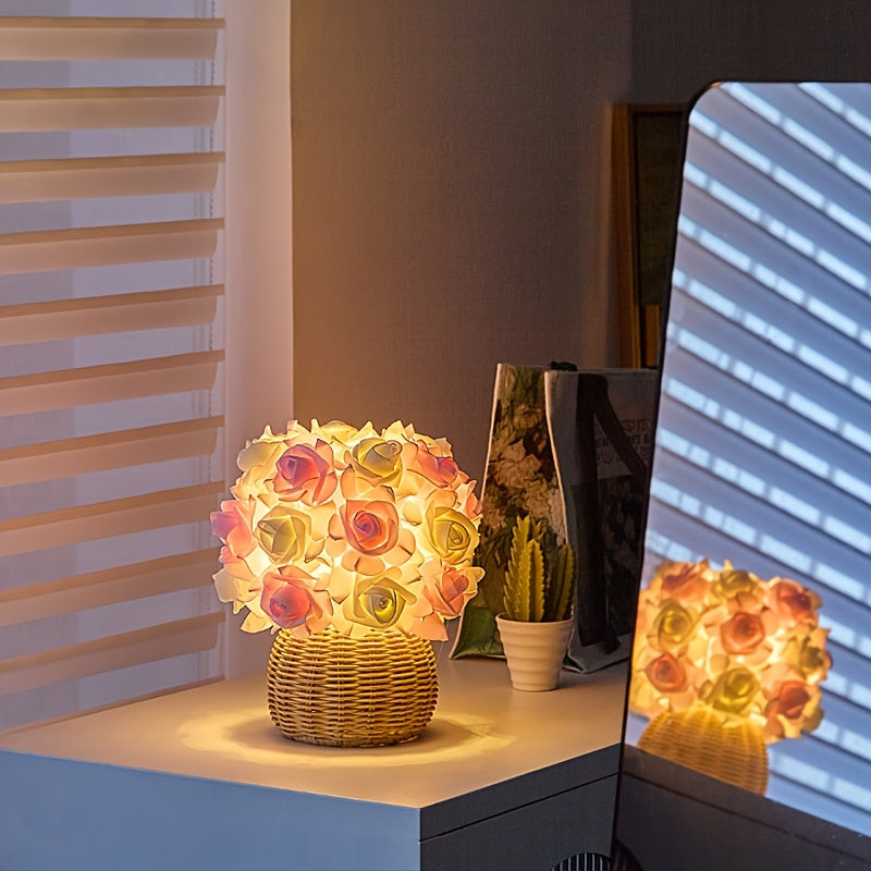 FloraGlow - Art Deco USB Rose Table Lamp with Polished Base and Bulb