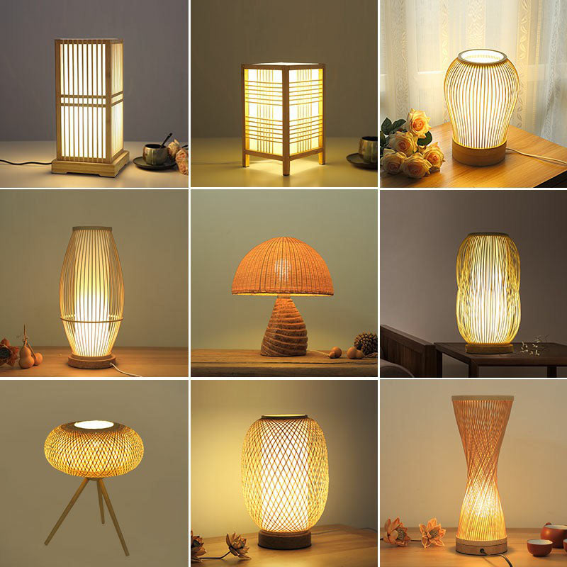 Shaded Nightstand Lamp - Contemporary Bamboo Table Lighting in Wood