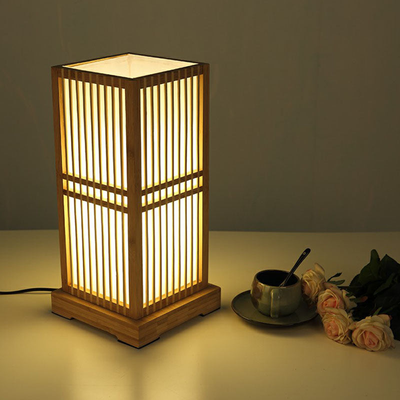 Shaded Nightstand Lamp - Contemporary Bamboo Table Lighting in Wood