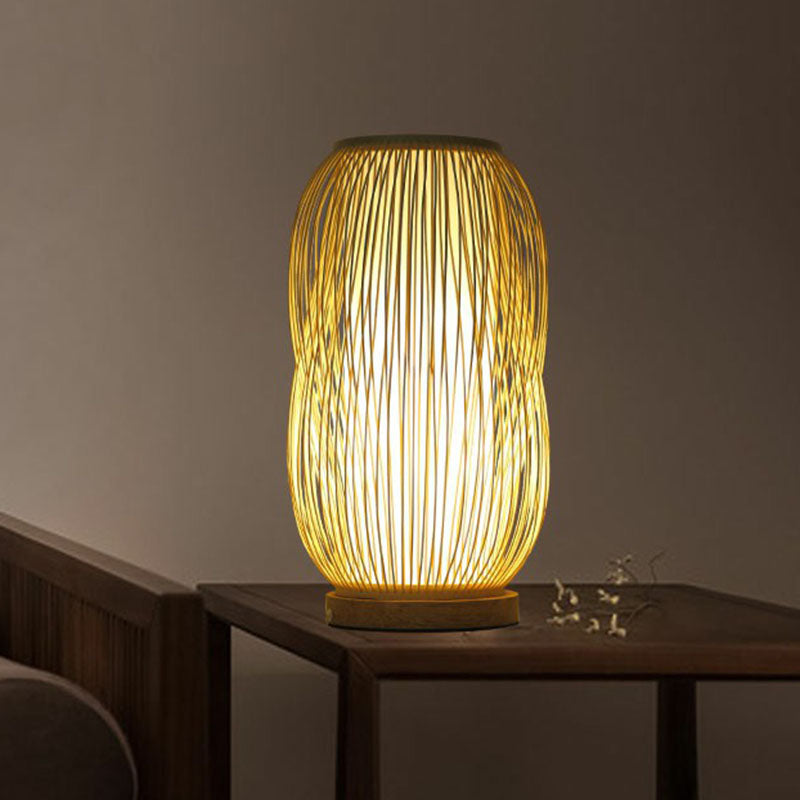 Shaded Nightstand Lamp - Contemporary Bamboo Table Lighting in Wood