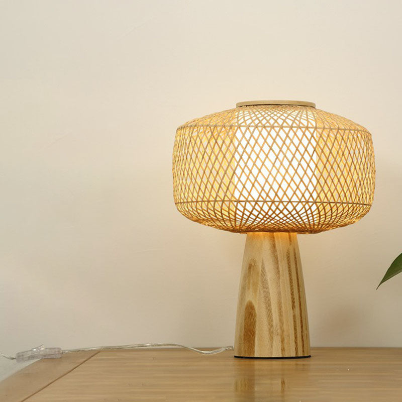 Shaded Nightstand Lamp - Contemporary Bamboo Table Lighting in Wood