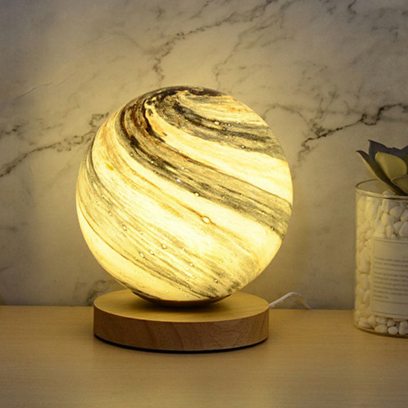 Glass Planet Mini Night Lamp - Postmodern Table Lamp with Wooden Base