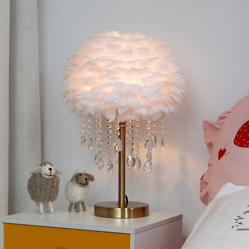 Romantic Dome Lamp - Modern Feather 1-Light Bed Lamp with Crystal Decor