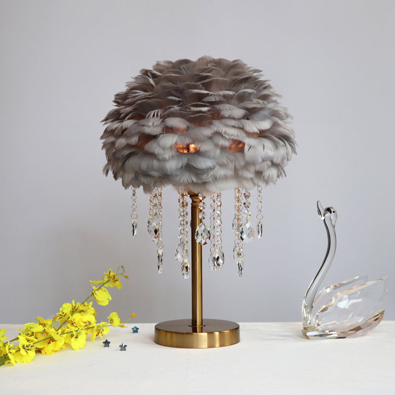 Romantic Dome Lamp - Modern Feather 1-Light Bed Lamp with Crystal Decor