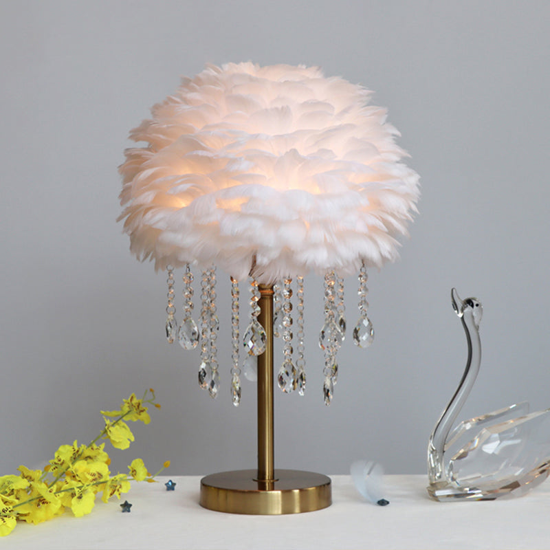 Romantic Dome Lamp - Modern Feather 1-Light Bed Lamp with Crystal Decor
