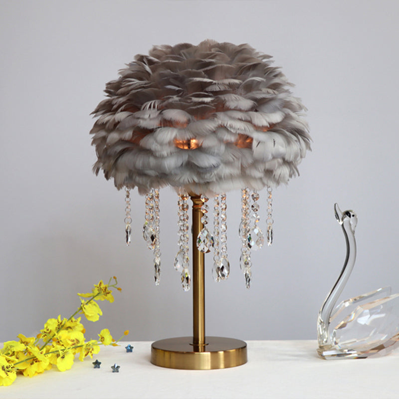 Romantic Dome Lamp - Modern Feather 1-Light Bed Lamp with Crystal Decor