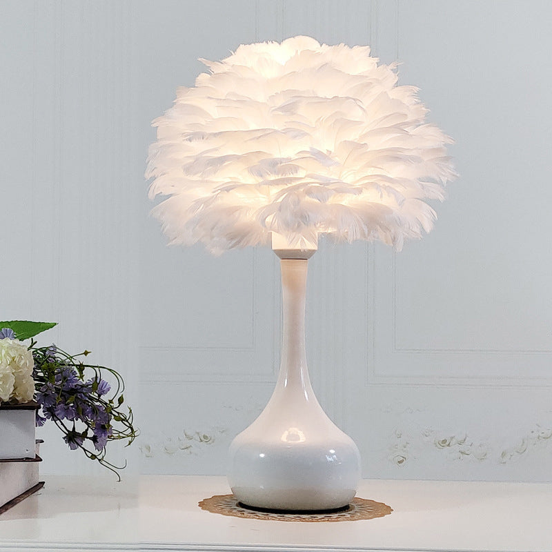 Pink Vase Table Lamp - Modern Bedroom Light with Feather Decoration