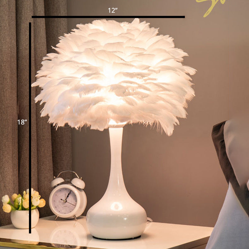 Pink Vase Table Lamp - Modern Bedroom Light with Feather Decoration