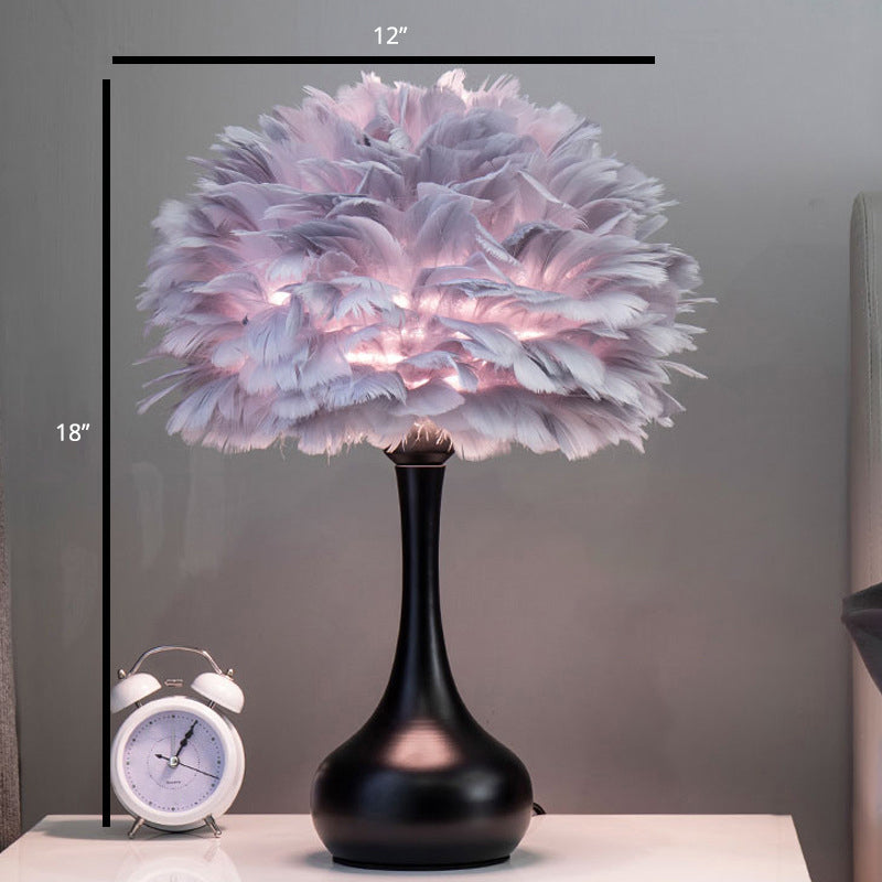 Pink Vase Table Lamp - Modern Bedroom Light with Feather Decoration