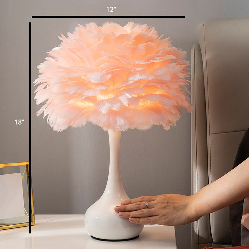 Pink Vase Table Lamp - Modern Bedroom Light with Feather Decoration