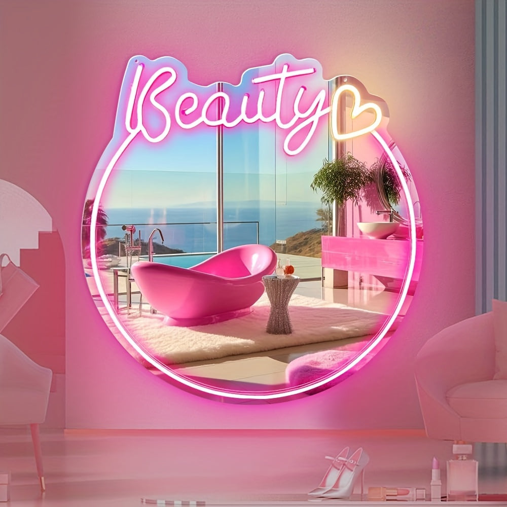 Beauty Neon Spiegel - Wandmontage, USB-Aangedreven Spiegellicht voor Meisjeskamer of Beautysalon