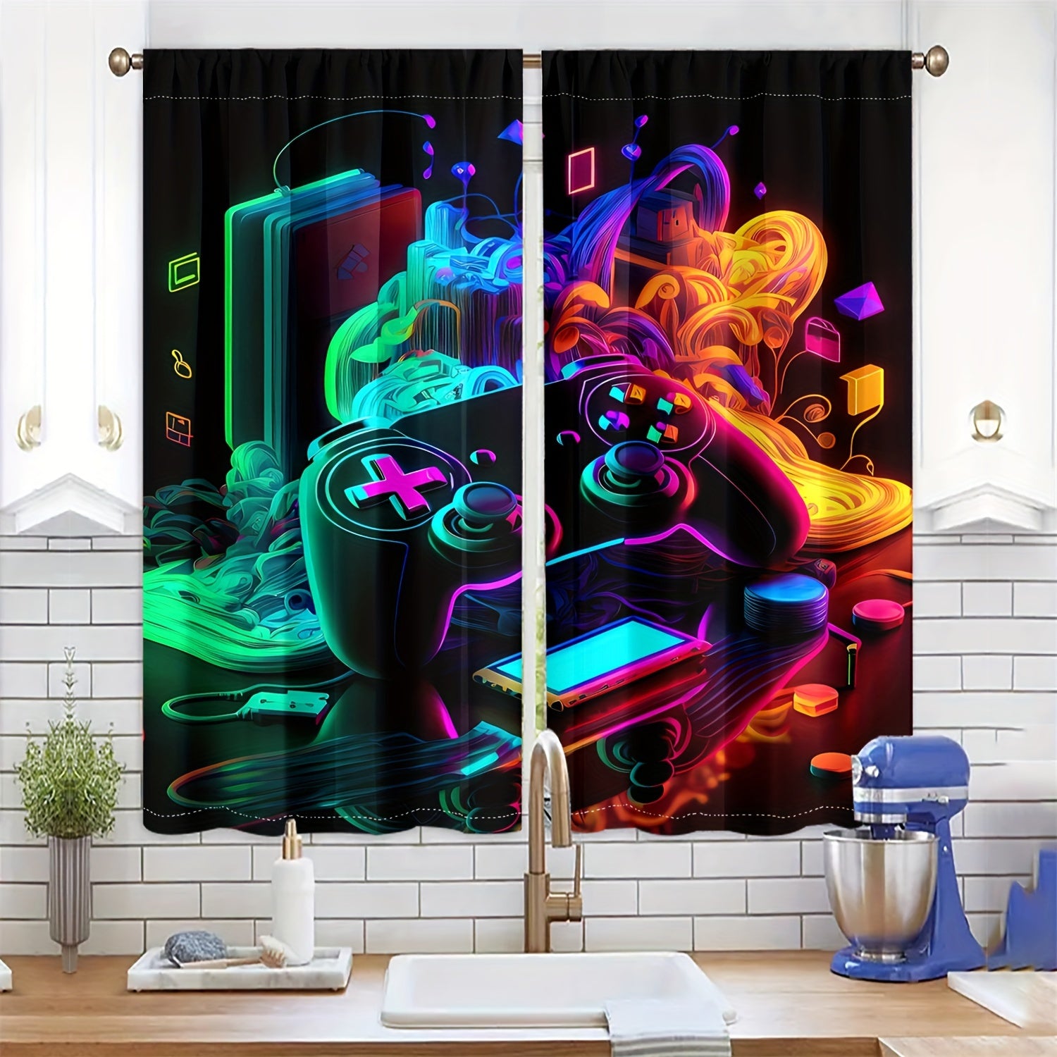 Tende Traslucide - 2 Pezzi con Stampa Colorata di Controller da Gioco per Camera da Letto e Soggiorno