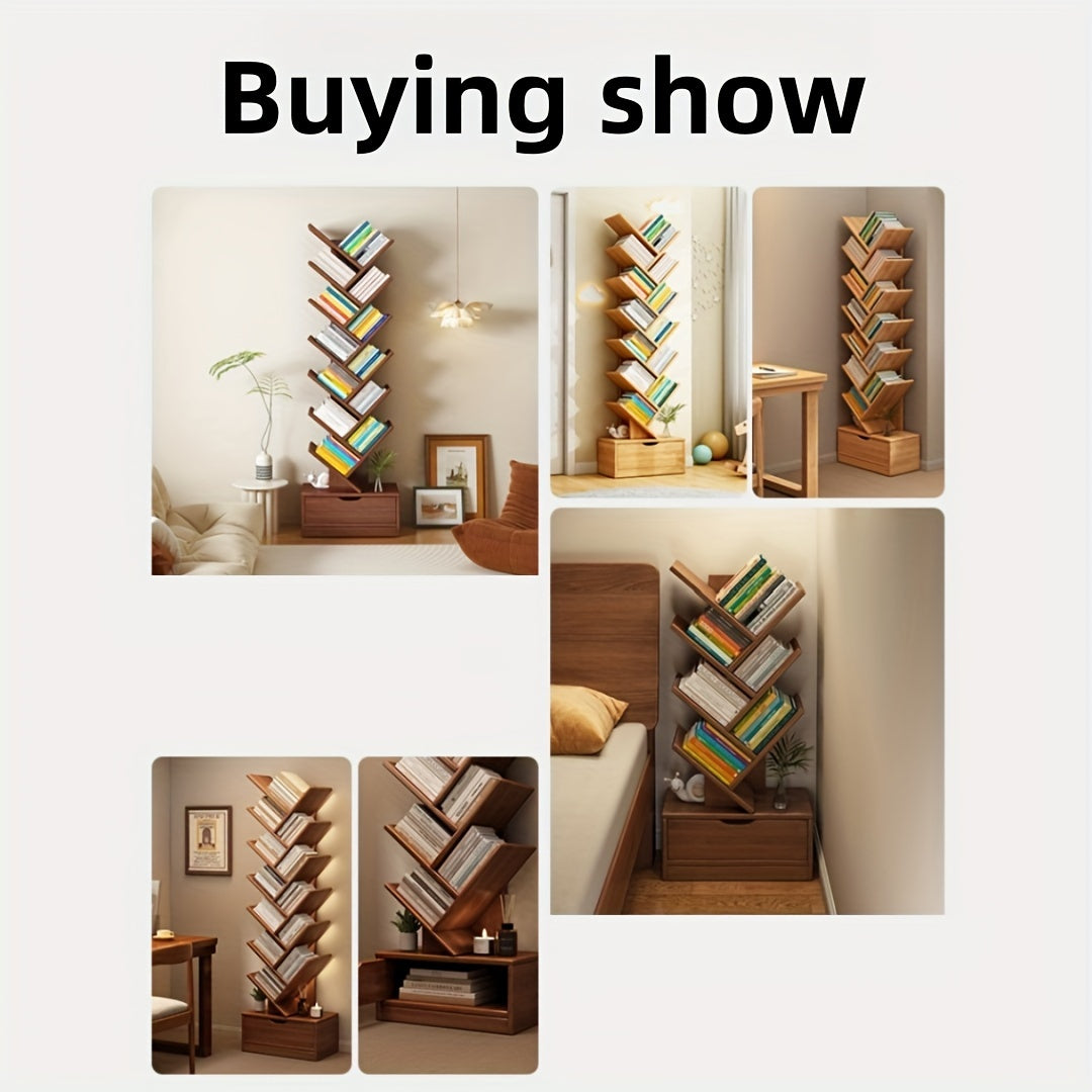 TreeShelf - Verticale Houten Boekenkast met Scheve Planken voor Woonkamer, Vrijstaand Ontwerp